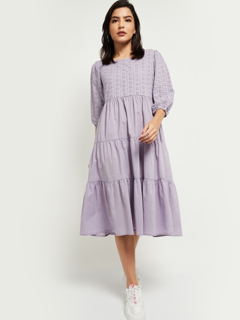

max Purple Schiffli Embroidered & Tiered Cotton A-Line Midi Dress