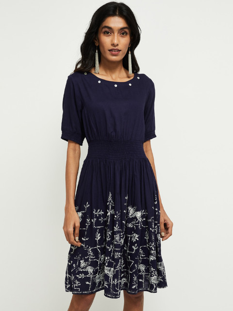 

max Women Blue Fit & Flare Printed Dress