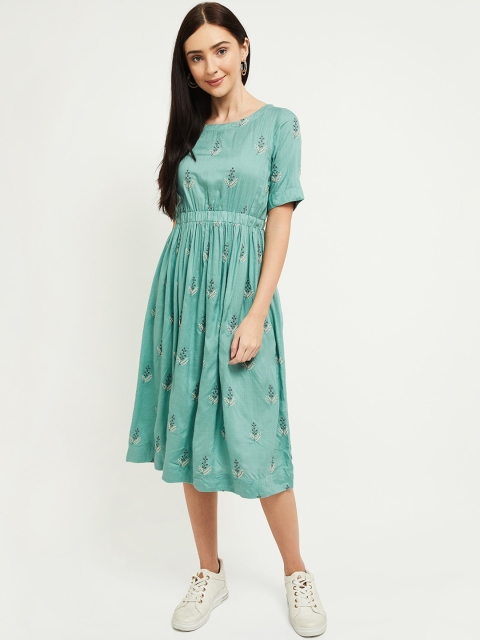 

max Sea Green Floral Embroidered Pleated Midi Fit & Flare Dress