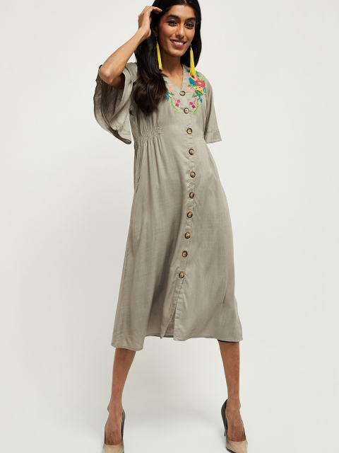 

max Grey & Multicoloured Floral Embroidered A-Line Midi Dress