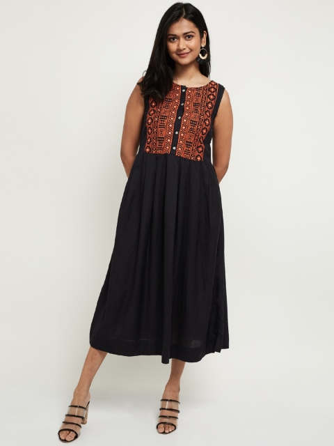 

max Women Charcoal & Orange Geometric Embroidered Fit & Flare Midi Dress