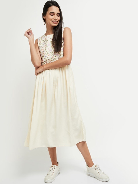 

max Beige & Green Floral Embroidered Pleated Midi Fit & Flare Dress