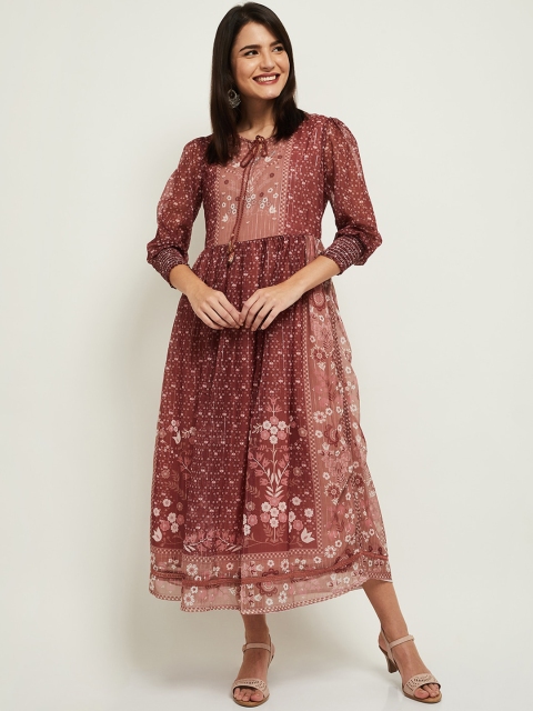 

max Rust Floral Printed Puff Sleeves A-Line Midi Dress