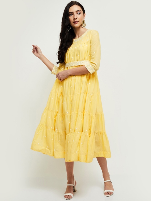 

max Women Yellow Ethnic Motifs Embroidered A-Line Pure Cotton Midi Dress
