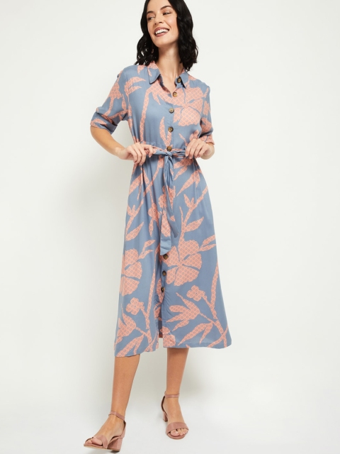 

max Women Blue Floral Shirt Midi Dress