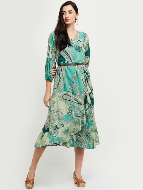 

max Women Green Paisley Printed Wrap Midi Dress
