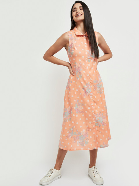 

max Orange & Blue Floral Printed Shirt Midi Dress