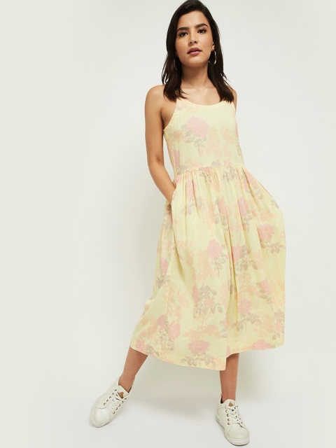

max Yellow Floral Printed Shoulder Straps Midi Fit & Flare Dress