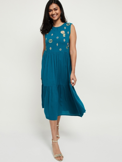 

max Women Teal Floral Embroidered A-Line Midi Dress
