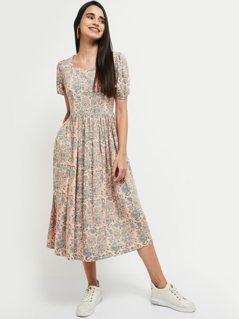 

max Women Peach-Coloured Ethnic Motifs Fit & Flared Midi Dress
