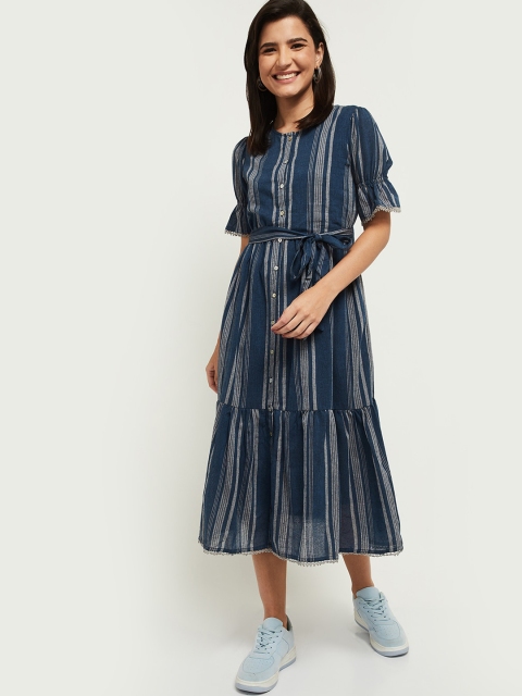 

max Women Blue Striped A-Line Pure Cotton Midi Dress