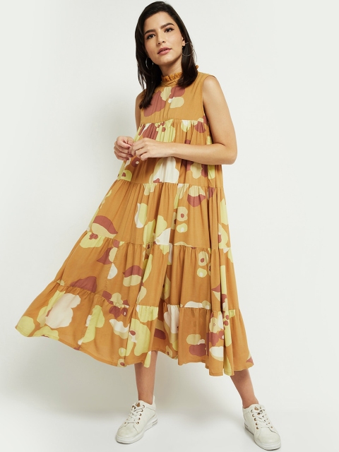 

max Mustard Yellow Abstract Printed Tiered High Neck Empire Midi Dress