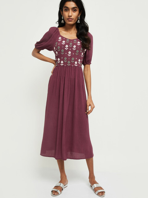 

max Women Purple Floral Embroidered Fit & Flare Midi Dress