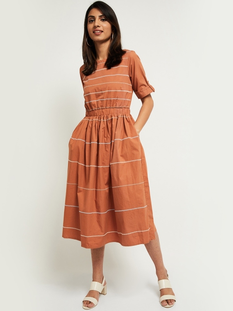 

max Women Rust Striped Pure Cotton Midi Dress