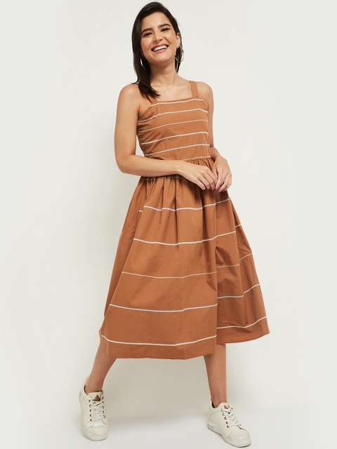 

max Rust Embroidered Shoulder Straps Midi Cotton Fit & Flare Dress