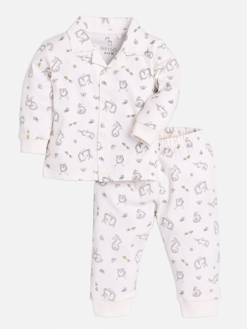 

BABY GO Unisex Kids White & Grey Printed Shirt with Pyjamas