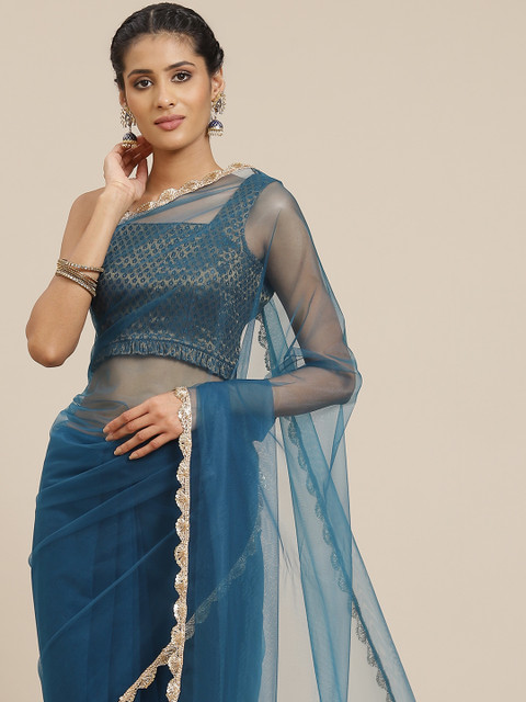 

Sangria Teal Blue Zari Net Ruffled Saree