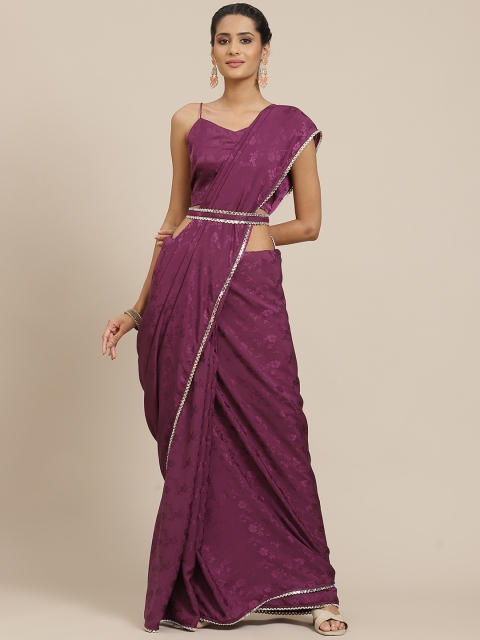 

Sangria Burgundy Floral Woven Design Mirror Work Saree with Belt