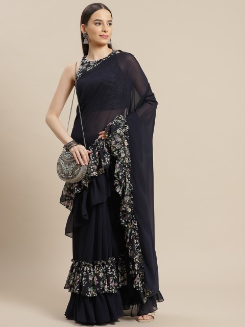 

Sangria Navy Blue Solid Ruffled Saree