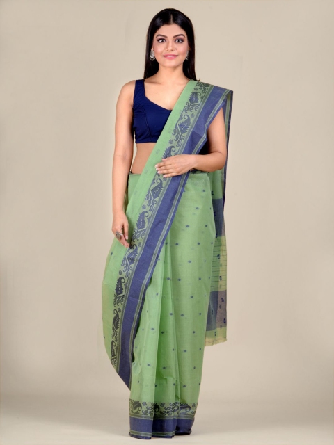 

Mitera Green & Blue Woven Design Pure Cotton Handwoven Taant Saree