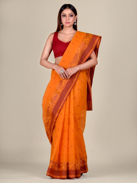 

Mitera Orange & Maroon Woven Design Pure Cotton Taant Saree