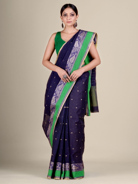 

Mitera Navy Blue & Green Ethnic Motifs Pure Cotton Handwoven Taant Saree