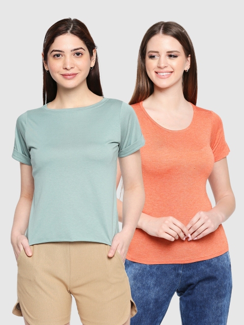 

inocenCia Women Green and Coral Pack of 2 Solid Viscose Rayon T-shirts