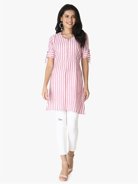 

OM SAI LATEST CREATION Pink & White Striped V-Neck Kurti