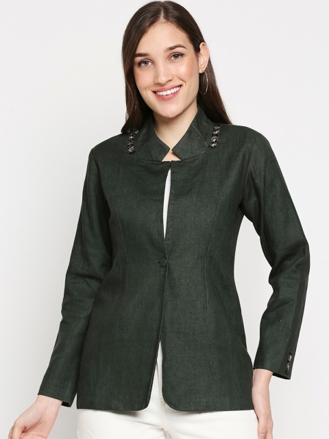 

Orbbaan Women Green Solid Single Breasted Linen Blazer