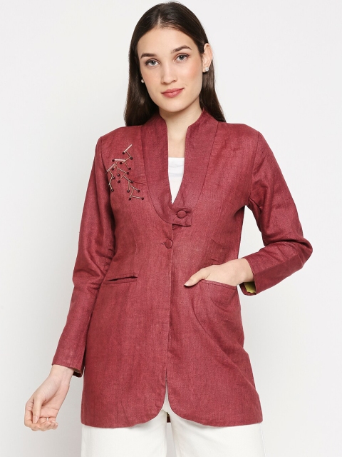 

Orbbaan Women Rust Red Solid Single-Breasted Casual Linen Blazer