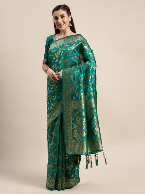 

Amrutam Fab Green & Gold-Toned Ethnic Motifs Zari Silk Blend Banarasi Saree