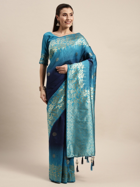 

Amrutam Fab Blue & Gold-Toned Floral Zari Silk Blend Banarasi Saree