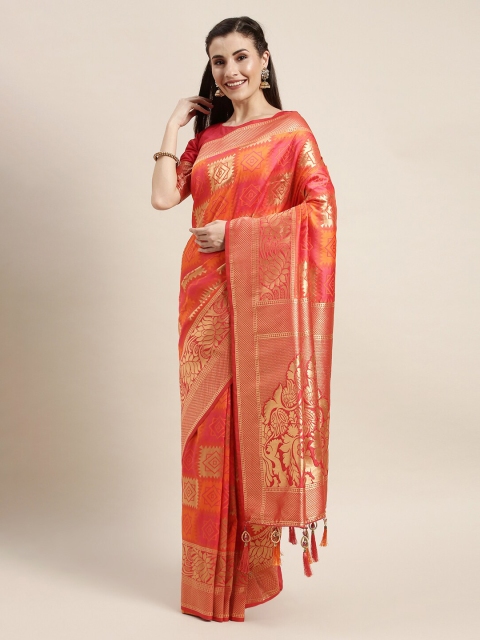 

Amrutam Fab Orange & Gold-Toned Ethnic Motifs Beads and Stones Silk Blend Banarasi Saree