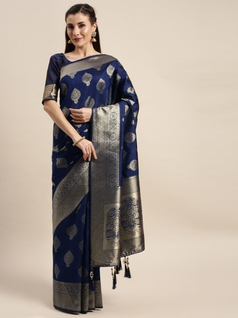 

Amrutam Fab Navy Blue & Gold-Toned Ethnic Motifs Zari Silk Blend Banarasi Saree