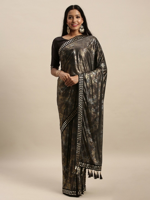 

Amrutam Fab Brown & Gold-Toned Woven Design Zari Silk Blend Block Print Saree