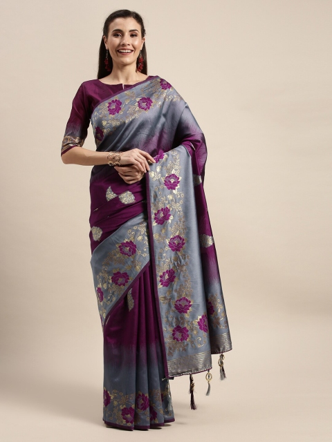 

Amrutam Fab Purple & Grey Woven Design Silk Blend Banarasi Saree
