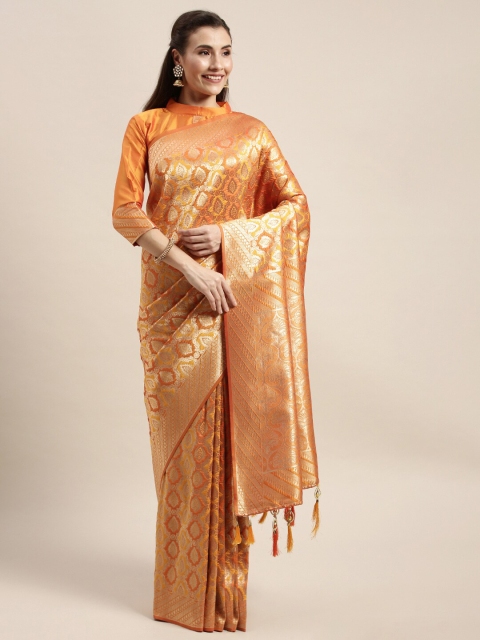 

Amrutam Fab Orange & Gold-Toned Woven Design Silk Blend Banarasi Saree