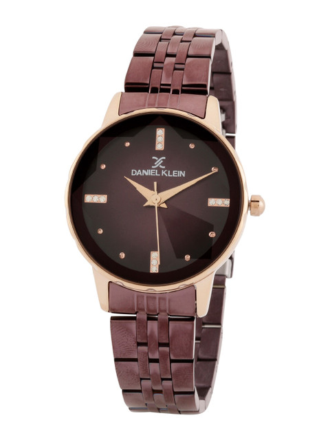 

Daniel Klein Women Purple Embellished Dial & Brown Stainless Steel Bracelet Style Straps Analogue Watch