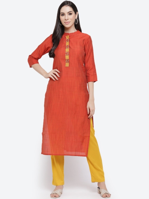 

Kurti's by Menka Women Red Yoke Design Cotton Silk Straight Kurta