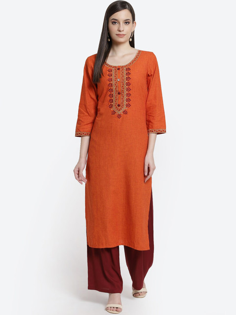 

Kurti's by Menka Women Brown Embroidered Cotton Straight Kurta