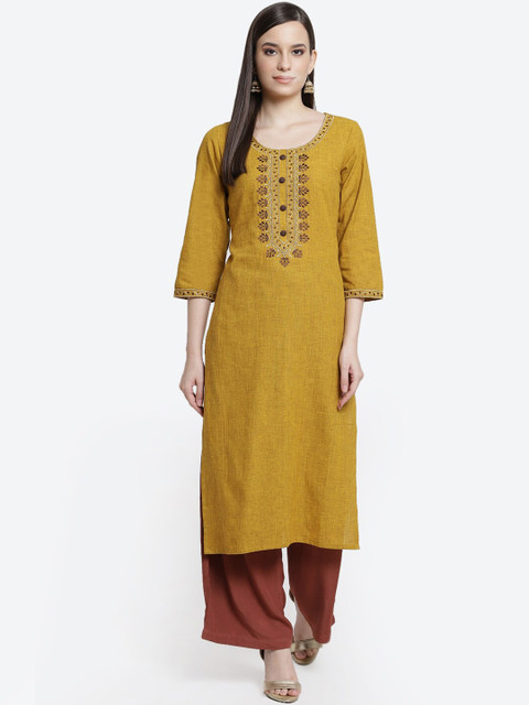 

Kurti's by Menka Women Khaki Embroidered Cotton Straight Kurta