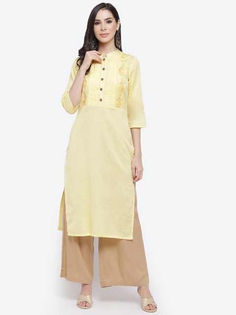 

Kurti's by Menka Women Yellow Embroidered Yoke Design Straight Kurta