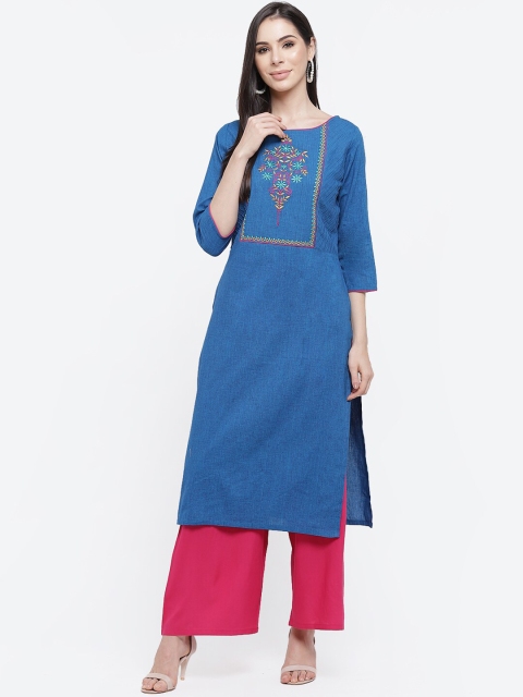 

Kurti's by Menka Women Blue Cotton Embroidered Straight Kurta
