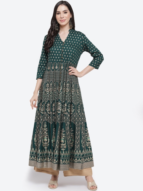 

Kurti's by Menka Women Green Yoke Design Flared Sleeves Anarkali Kurta