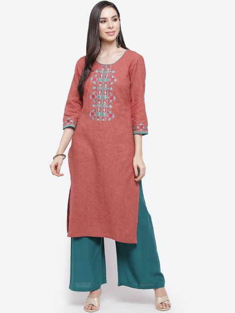 

Kurti's by Menka Women Brown Cotton Embroidered Straight Kurta