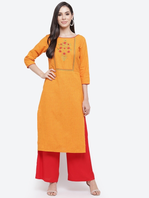 

Kurti's by Menka Women Orange Embroidered Cotton Straight Kurta