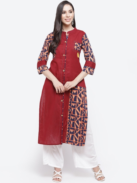 

Kurti's by Menka Women Maroon and Blue Printed Rayon Straight Kurta