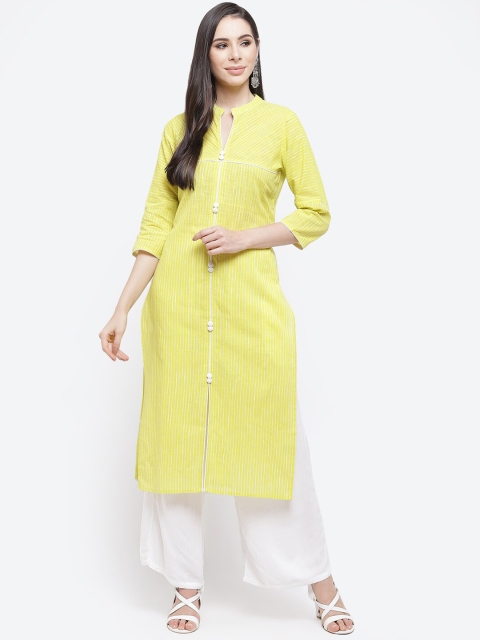 

Kurti's by Menka Women Yellow and White Striped Cotton Straight Kurta