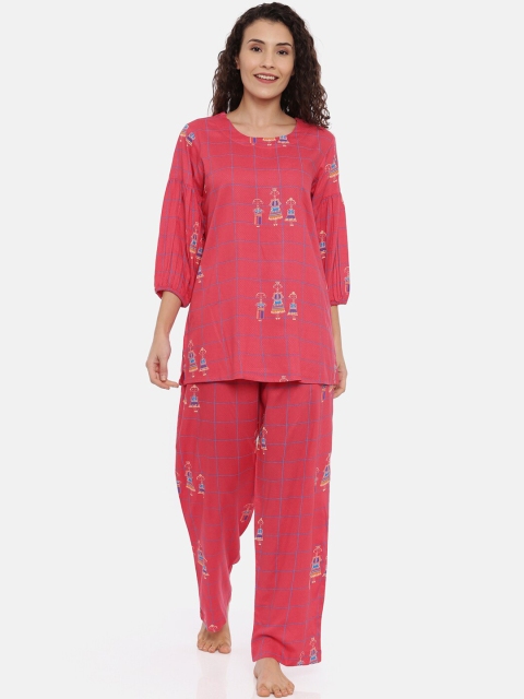 

TRUNDZ Women Pink & Blue Checked Printed Cotton Blend Night Suit