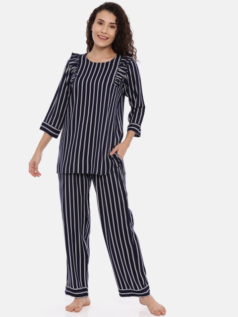 

TRUNDZ Women Navy Blue & White Striped Night Suit